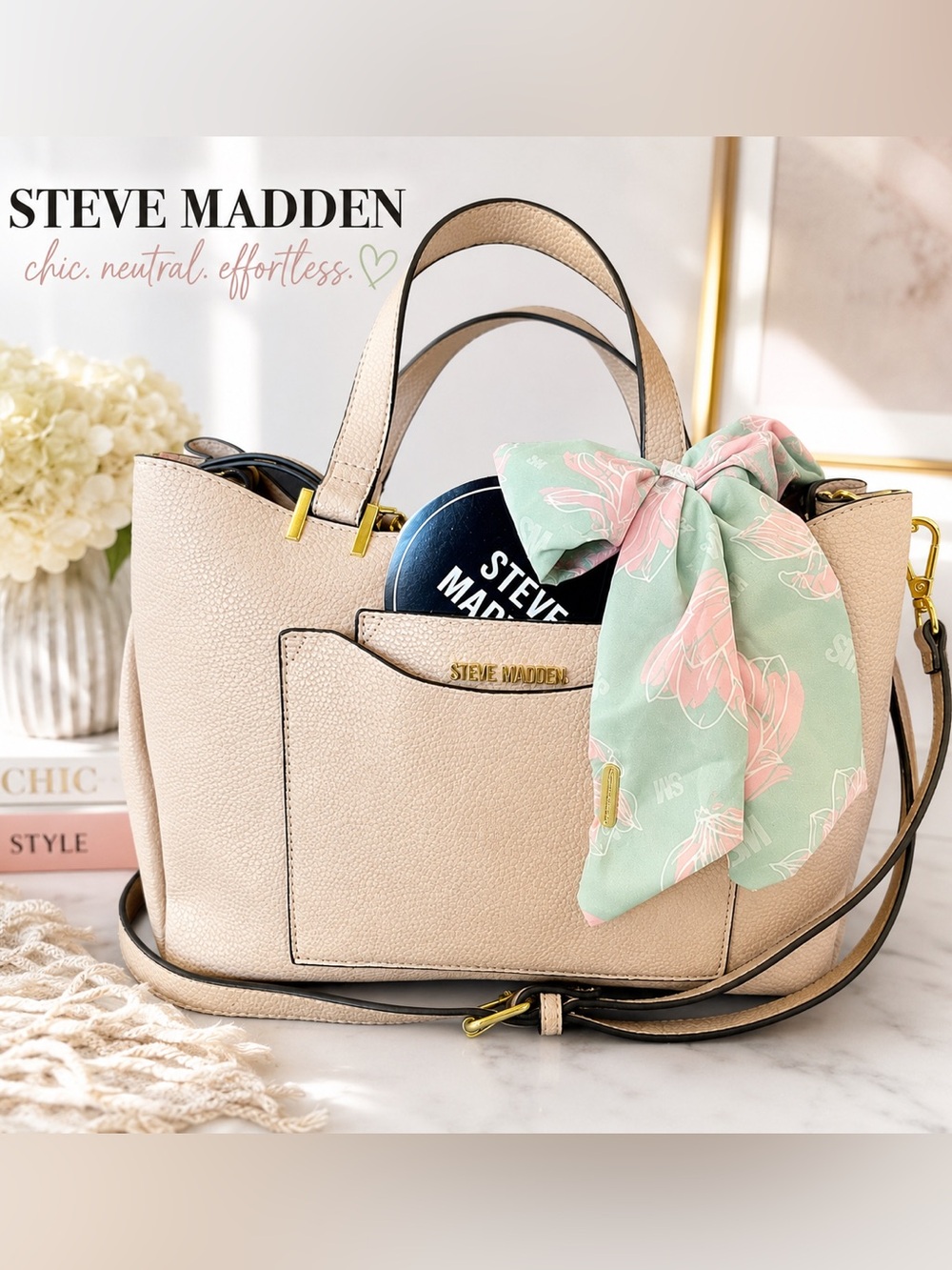 STEVE MADDEN Nude Pebbled Crossbody Tote w/ Scarf Accent Neutral Everyday Bag